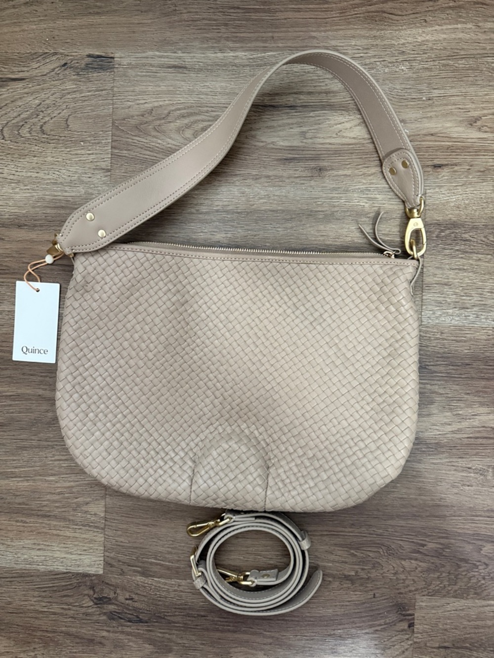 Quince Beige Woven Leather Shoulder Bag with Gold Hardware - SIZE LARGE - Picture 6 of 8